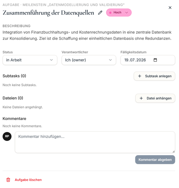 Ergänzen Sie Subtasks, Kommentare und senden Sie Benachrichtigungen zu den Aufgaben.