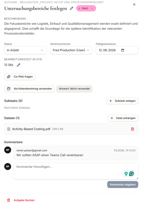 Ergänzen Sie Subtasks, Kommentare und senden Sie Benachrichtigungen zu den Aufgaben.